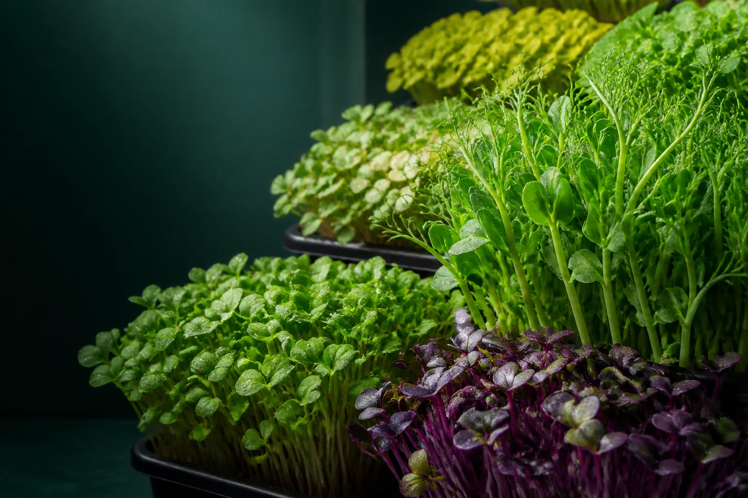 Hustě pěstované zelené a fialové microgreens v pěstebních miskách